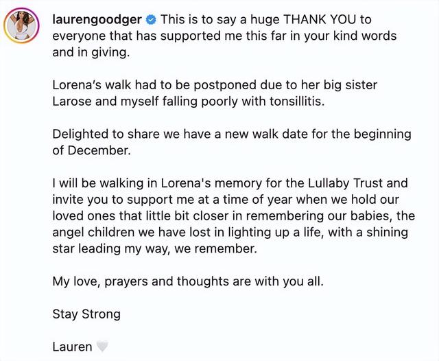劳伦·古德格她女儿在出生后不久就去世了，做慈善患上了扁桃体炎